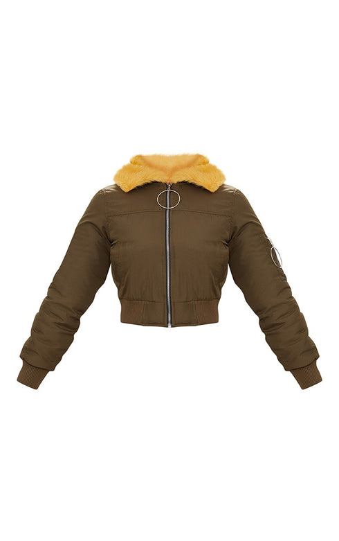 PLT KHAKI RING PULL FAUX FUR COLLAR BOMBER JACKET